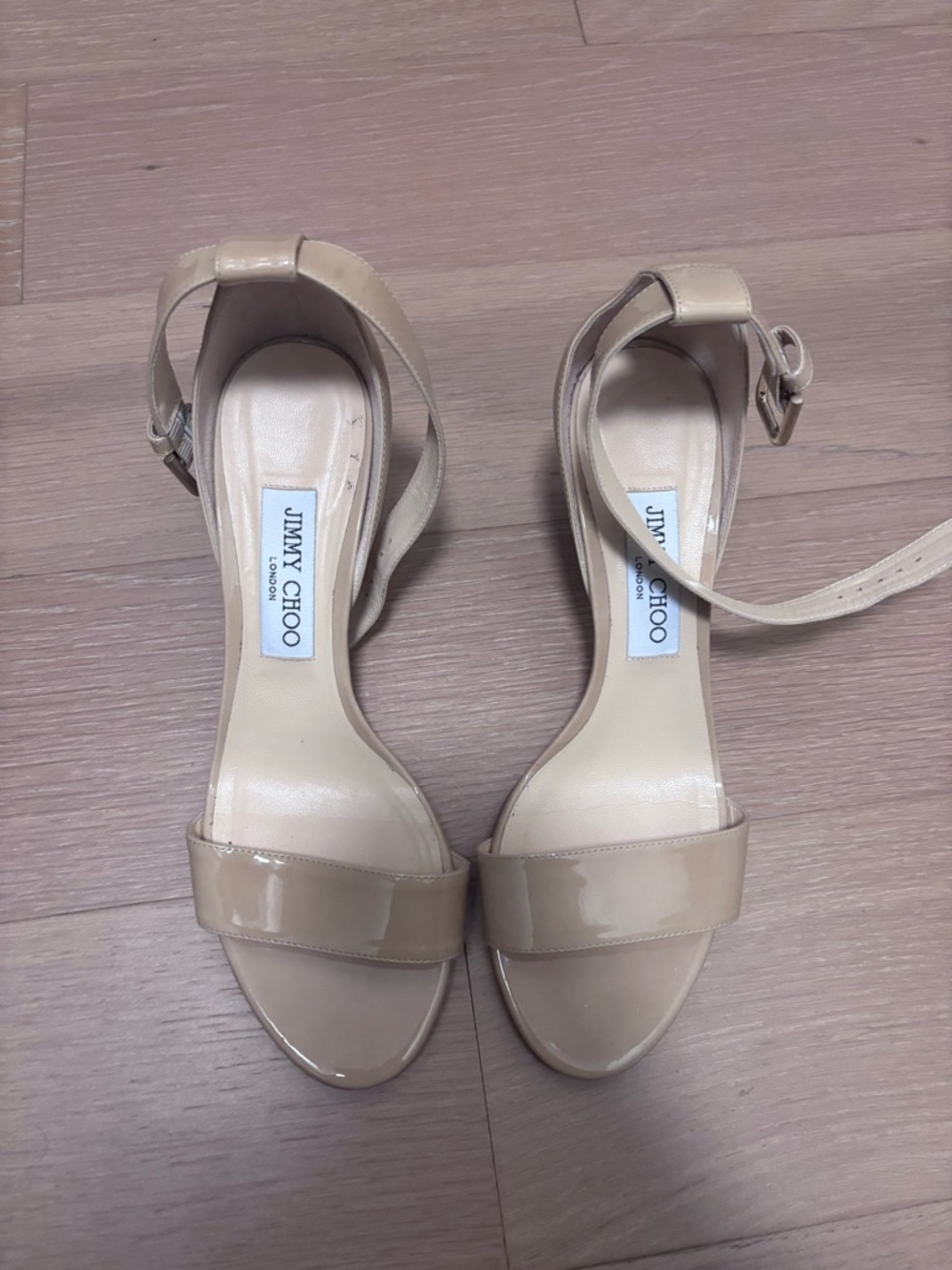 Jimmy Choo Beige Patent Leather Ankle-Strap Heels